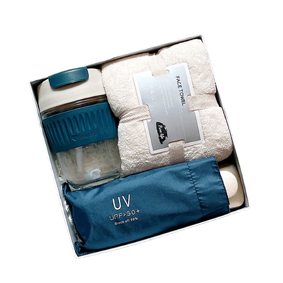 Conjunto de presentes impressos com tela de seda Copo de água de vidro Guarda-chuva de borracha preta Toalha de pelúcia de coral