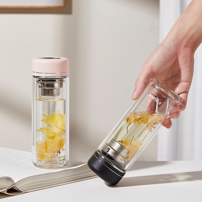 Copo prático de vidro de borosilicato duplo com divisória de chá e impressão UV
