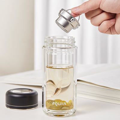 Copo prático de vidro de borosilicato duplo com divisória de chá e impressão UV
