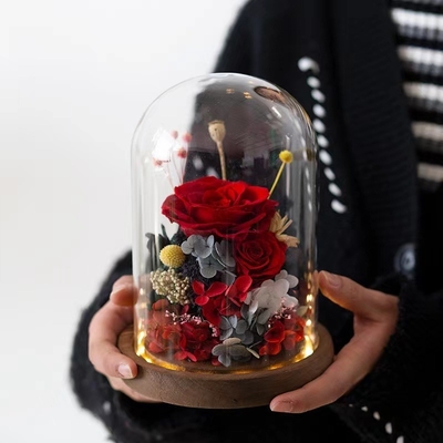Elegante flor eterna finalizada caixa de presente de cobertura de vidro rosa para presente de aniversário prático