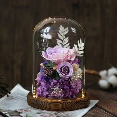 Elegante flor eterna finalizada caixa de presente de cobertura de vidro rosa para presente de aniversário prático