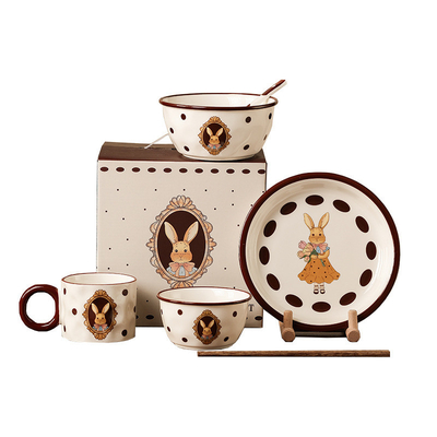 Vintage Rabbit Ceramic Tableware Set com Técnicas de Impressão UV