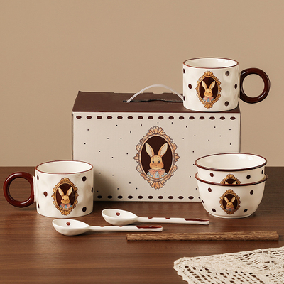 Vintage Rabbit Ceramic Tableware Set com Técnicas de Impressão UV