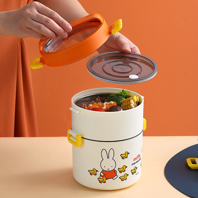 Caixa de almoço portátil de camada dupla com padrão de desenho animado Caixa Bento redonda com design bonito