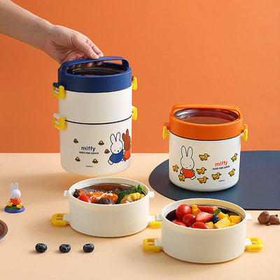 Caixa de almoço portátil de camada dupla com padrão de desenho animado Caixa Bento redonda com design bonito
