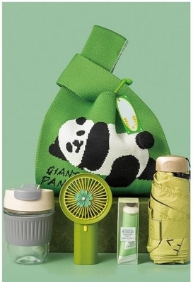 Colourful Panda Saco de Trico Conjunto de Presente Pequeno Ventilador de mão Creme de vidro guarda-chuva