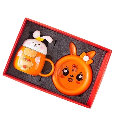 Coleccionável Coelhinho Bonito Embelezado Copo Termostático Conjunto aquecimento Copo Quente e Coaster Quente