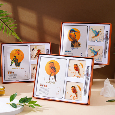 Conjunto de caixa de presente de pássaro de boa sorte personalizado Broches de bloco de notas e caneta para presentes de negócios