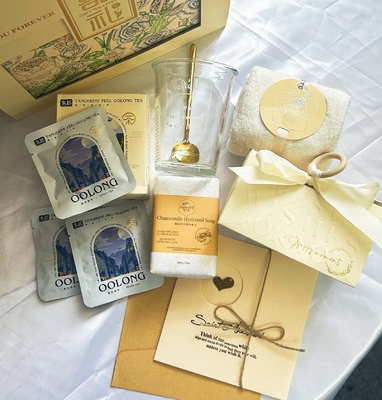Conjunto personalizado de presentes de casamento Toalha Sabão Copo de Água Chá Oolong e Caixa Criativa de Doces