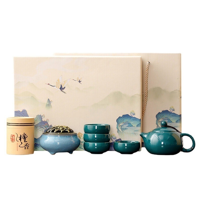 Elegante conjunto de chá chinês Celadon Shih Tzu Pot com 4 copos e incensador de sândalo