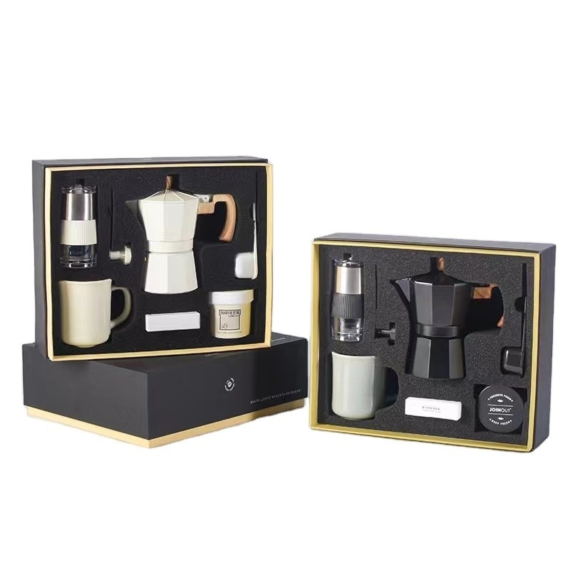 Caixa de presente de impressão de tela de seda de café com pote de Mocha Set de seis peças e moedor manual
