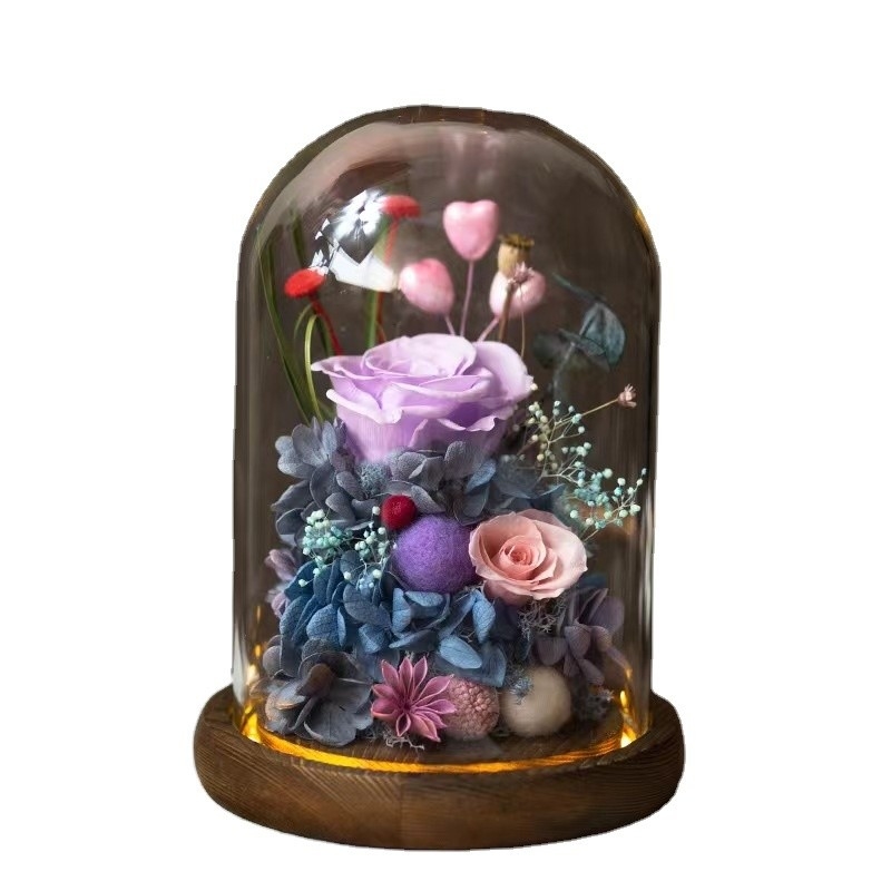 Elegante flor eterna finalizada caixa de presente de cobertura de vidro rosa para presente de aniversário prático