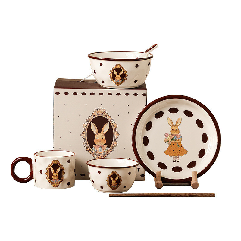 Vintage Rabbit Ceramic Tableware Set com Técnicas de Impressão UV