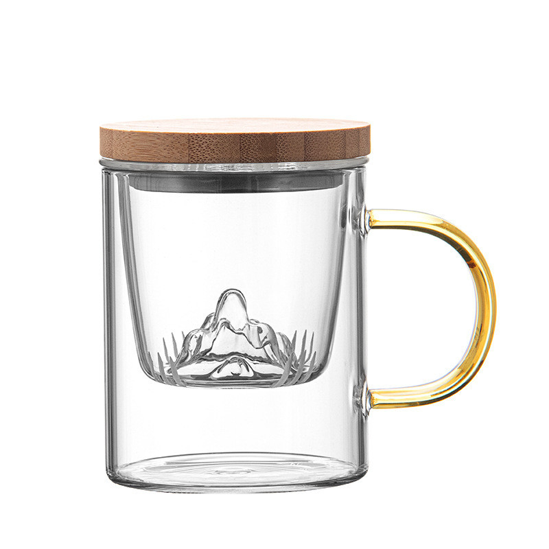 Copo de vidro de alto borosilicato Guanshan Copo de chá de bambu e madeira