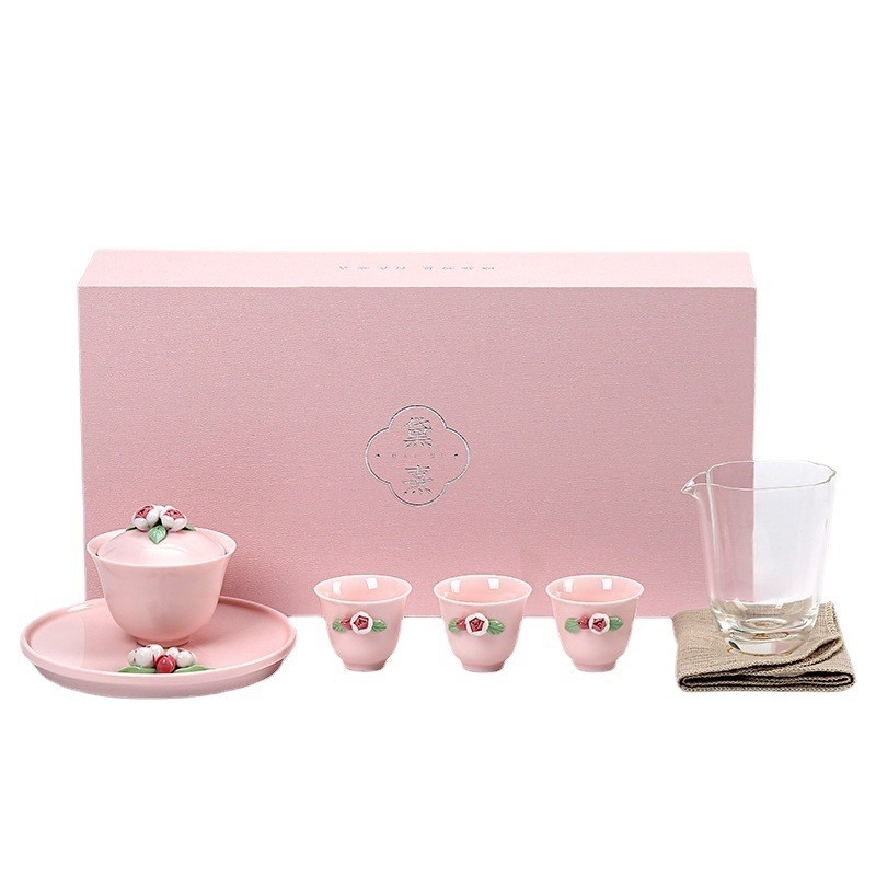 Belo Set de Chá de Cerâmica Rosa Ideal Presente de Mão para Mulheres durante o Festival da Deusa