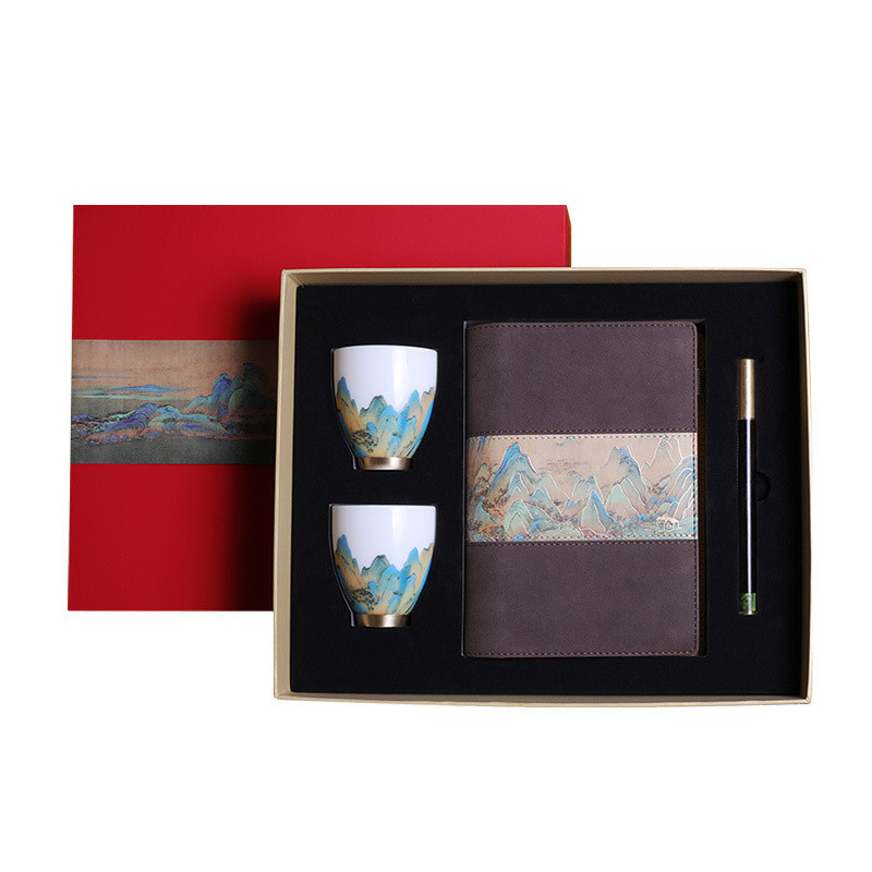 Logotipo personalizado Caixa de presentes de negócios Cadernos culturais Copas de porcelana e caneta de madeira de latão