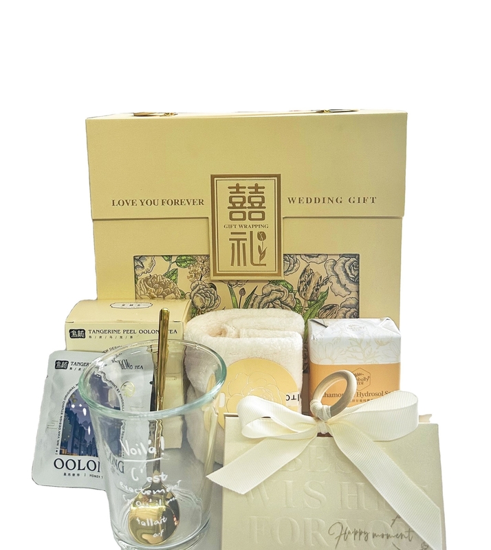 Conjunto personalizado de presentes de casamento Toalha Sabão Copo de Água Chá Oolong e Caixa Criativa de Doces